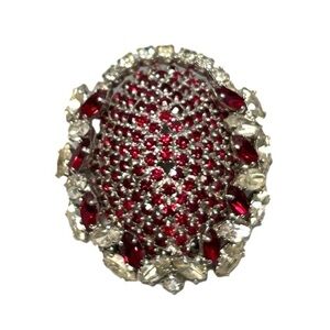 Large Vintage Brooch Dome/Egg Ruby & Clear Glass